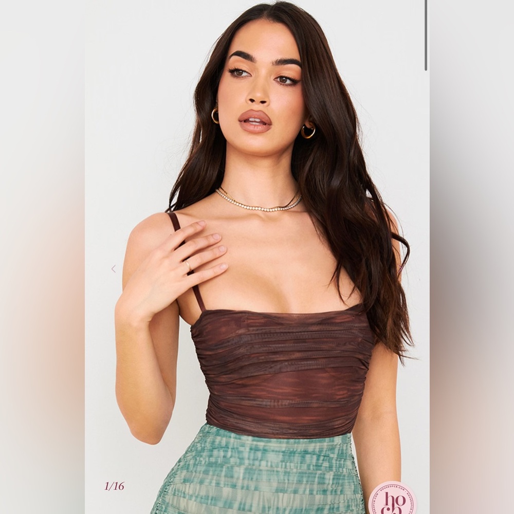 House of CB Pearl Chocolate Print Ruched
Mesh Bodysuit